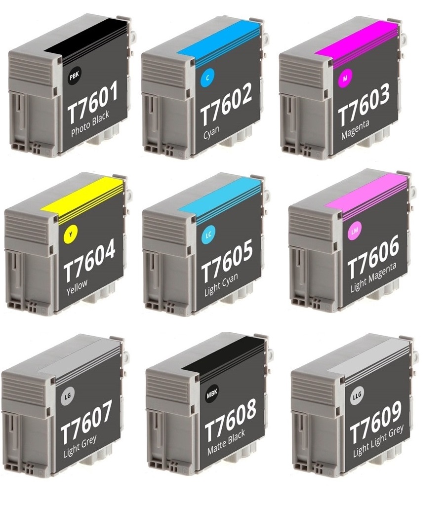 Compatible Epson Set Of 9 Ink Cartridges T7601/2/3/4/5/6/7/8/9 (Photo Black/Cyan/Magenta/Yellow/Light Cyan/Light Magenta/Light Black/Matt Black/Light Light Black)
